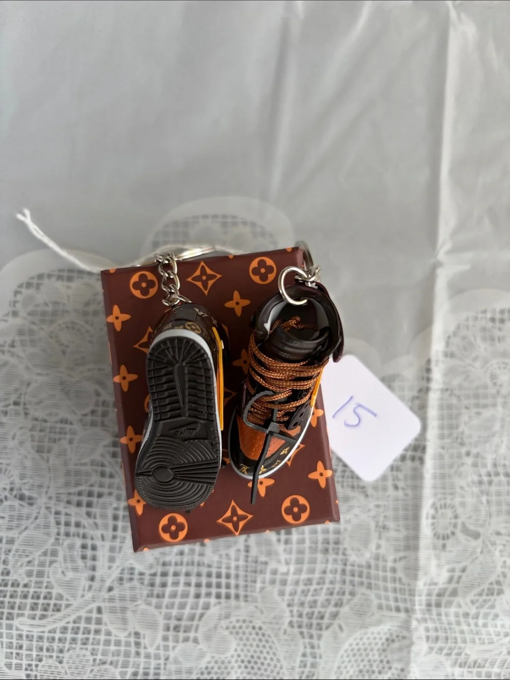 15,One Pair of Louis Vuitton Logo Brown & Orange Monogram Mini Sneaker Keychain - Picture 8 of 8